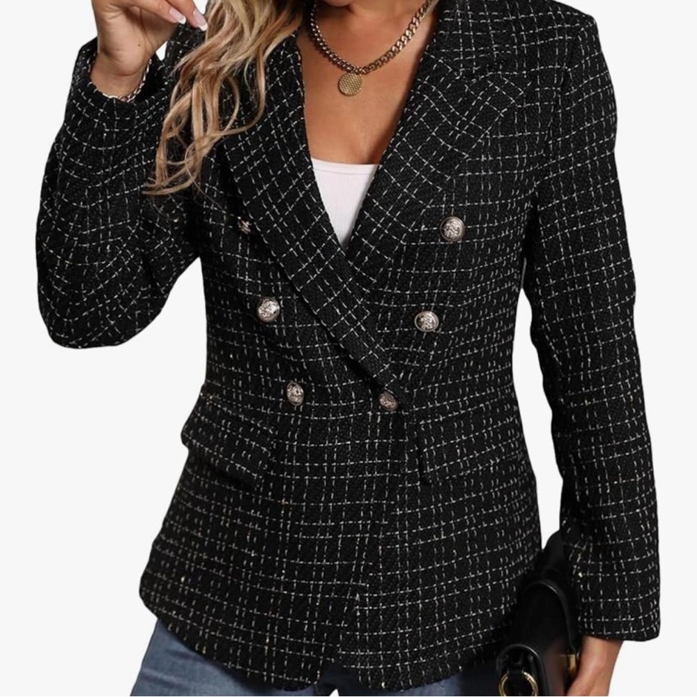 Mina Self Black Tweed Blazer Elegant Coat with Pockets.